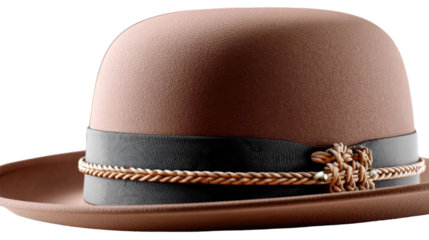 Classic Bowler Hat: A stylish close-up of a traditional brown bowler hat, featuring a sleek black band and intricate rope detailing, epitomizing timeless fashion and sophistication.