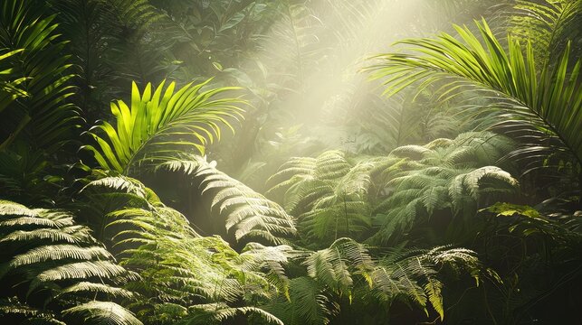 A lush patch of ferns along the base of towering trees in the temperate rainforest, their fronds reaching out in all directions, bathed in soft light.
