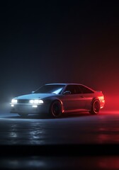 Sleek Silver Coupe Illuminated by Neon Hues in a Dark Studio Setting