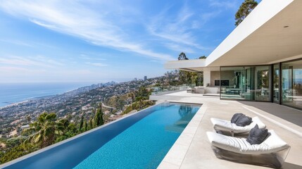 Fototapeta premium Stunning modern mansion with infinity pool overlooking the ocean.