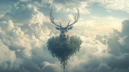 A magical island surrounded by clouds, with the stag head towering in the center, and its antlers branching out to create a floating forest of trees.