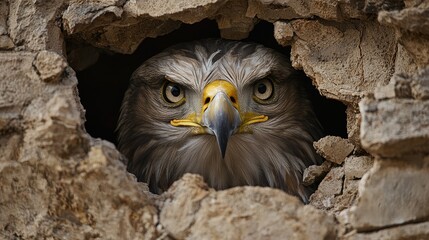 A majestic eagle's head peeking through a collapsed stone wall painted with earthy shades of brown, gray, and touches of bright gold, symbolizing freedom.