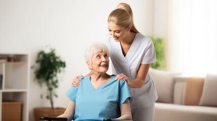 Obraz premium A young woman in a white uniform is assisting an elderly woman in a wheelchair in a bright, well-lit room with a white couch and a potted plant in the background.