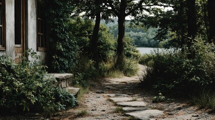 Stone Path to Secluded Lake House: Serene, Rustic Landscape