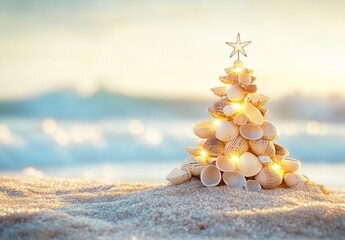 Seashell Christmas Tree on Sandy Beach at Sunset