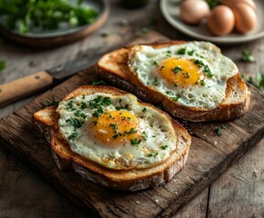 Two slices of toasted bread topped with fried eggs, garnished with fresh herbs