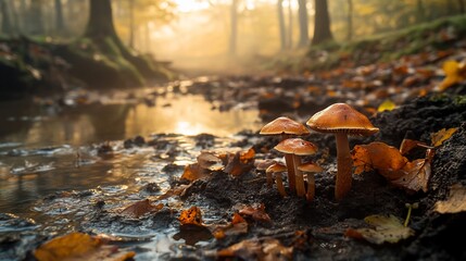 Autumnal forest stream with mushrooms
