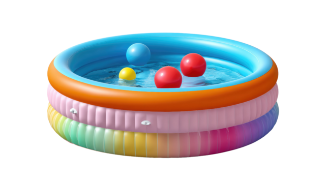 Colorful Pool Party: An inviting inflatable pool, overflowing with crystal-clear water, sets the stage for a splash-filled summer day, complete with playful floating balls. 