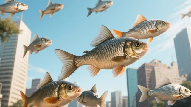Fish are flying in the air in the city.