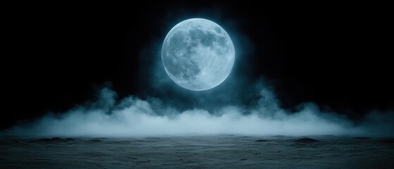 Fototapeta premium Full blue moon illuminates misty landscape in the dark of night