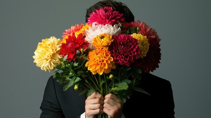 A man in a black suit, hiding his face behind a bright bouquet of dahlias and chrysanthemums, with a somber gray background.