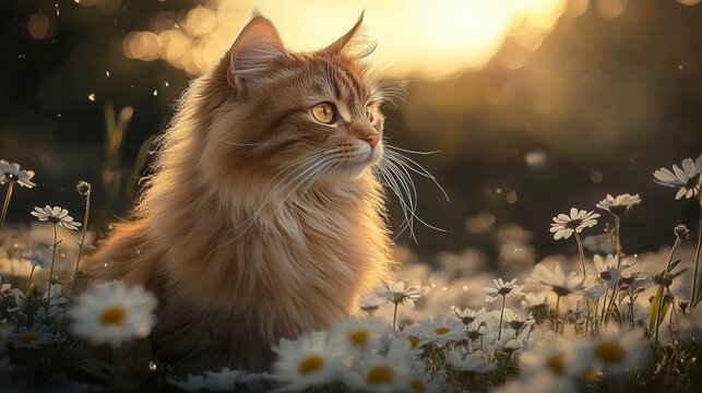 Golden Cat in a Field of Daisies at Sunset
