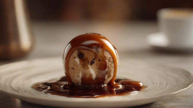 Close up view of a round dessert being drizzled with a dark brown sauce. The dessert is light brown with visible chocolate chips and sits on a white plate. A blurred background shows a cup of coffee.