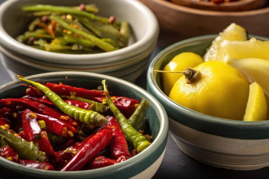 Ceramic bowls of homemade Indian pickles made from red and green chili mango and lemon also called Mirchi Aam and Nimbu ka achar