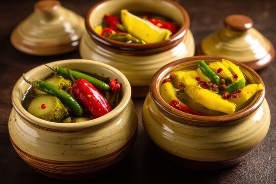 Ceramic bowls of homemade Indian pickles featuring red and green chili mango and lemon also called Mirchi Aam and Nimbu ka achar