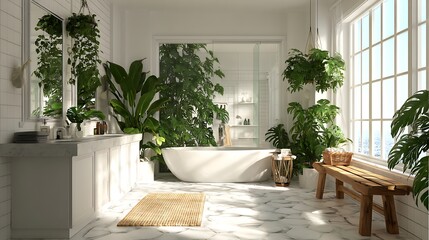 Fototapeta premium Bright and white bathroom with a variety of green plants of deep forest style