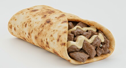 Delicious Steak Burrito with Creamy Sauce on a White Background