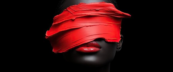 Dark-skinned woman with red makeup covering her eyes, red lips against a black background