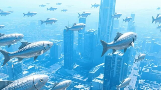Fish are flying in the air in the city.