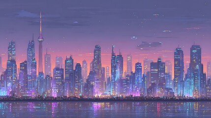 Fototapeta premium Cyberpunk Cityscape Neon Sunset Skyline.