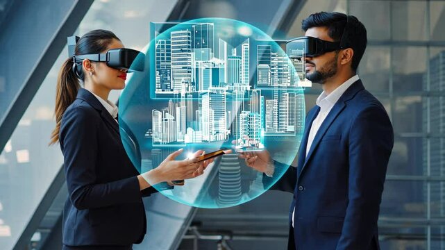 Male and female business professionals wearing AR glasses interact with a holographic city model, futuristic urban planning, digital innovation, smart technology, and advanced real estate solutions.