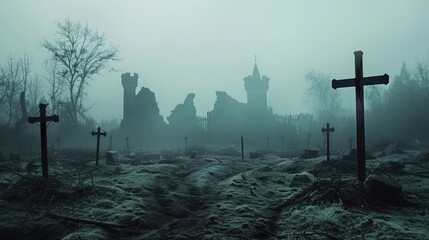 Mysterious, fog-shrouded ruins of an abandoned cemetery.
