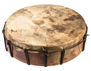 Aged Tan and Brown Drum with Dark Rope Lacing on Transparent Background