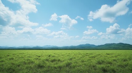 Obraz premium Scenic Landscape View of Green Field with Mountains and Cloudy Blue Sky in Background Wide Angle Shot