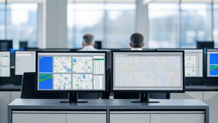 Two monitors displaying digital maps in a modern control room with people working in the background.