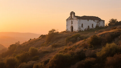 Obraz premium Sunset Sanctuary: A Small Church on a Hill