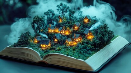 Fototapeta premium Enchanting Village Emerging from Book Pages