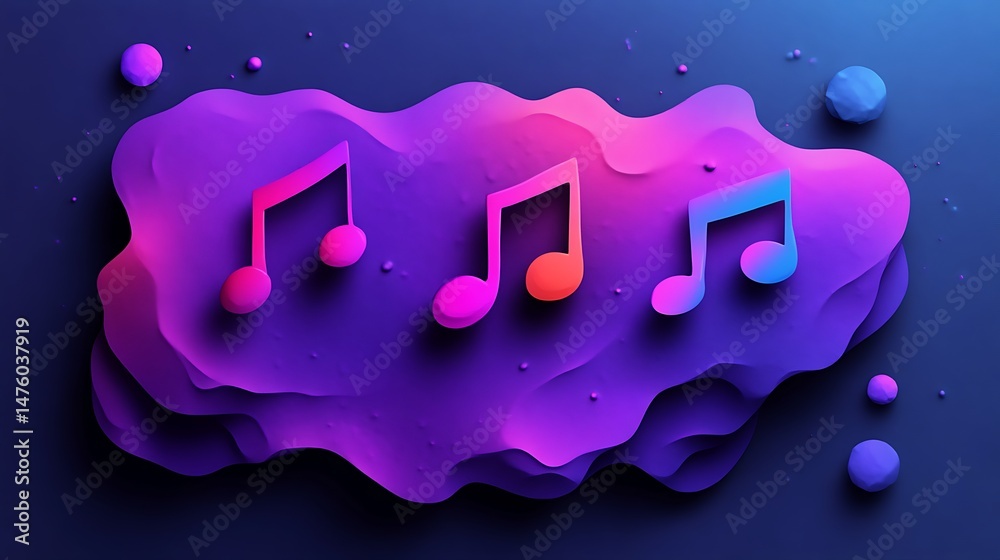 Wall mural three musical notes float above a colorful abstract artistic background