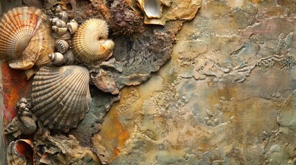 Textured seashell art piece with earthy tones and rough surface