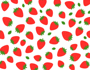 A vibrant pattern of red strawberries and green leaves on a black background