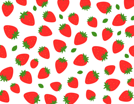 A vibrant pattern of red strawberries and green leaves on a black background