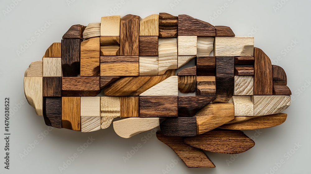 Aufkleber brain shape made from wooden puzzle blocks, logical thinking side of the brain