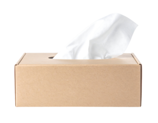 Brown Cardboard Tissue Box with White Tissues on Transparent Background