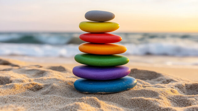 Serene arrangement of colorful stones stacked on sandy beach at sunset