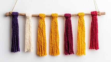 Colorful handwoven fabric decorations with tassels hang from wooden stick, creating vibrant