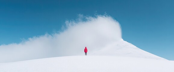 Red figure stands on snowy hill under blue sky with swirling cloud cover