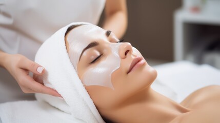 Fototapeta premium A serene, tranquil scene of a woman lying on a bed with a white towel wrapped around her head, enjoying a relaxing facial treatment in a spa setting.