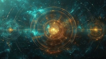 Abstract Cosmic Circles Glowing Teal and Gold Nebula
