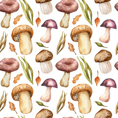Seamless watercolor pattern. Hand drawn forest mushrooms, autumn herbs, leaves, twigs isolated on white background. Design for wrapping paper, decoration, wallpaper.
