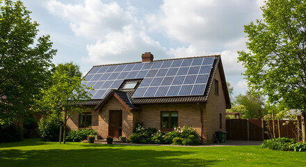 Obraz premium Brick House with Solar Panels on Roof - Renewable Energy