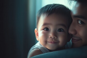 A joyful father holding his smiling baby in a softly lit room, capturing a tender moment