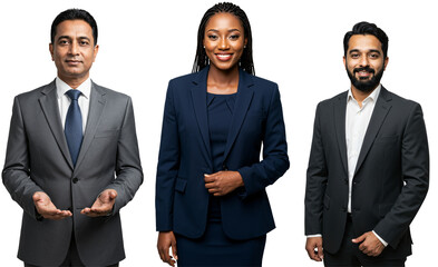Diverse group of three business professionals, including an older South Asian man, a young Black woman, and a young South Asian man, posing in suits against a black studio background.