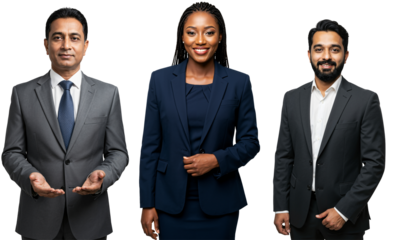 Diverse group of three business professionals, including an older South Asian man, a young Black woman, and a young South Asian man, posing in suits against a black studio background.