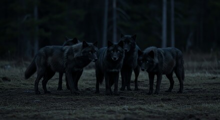 Fototapeta premium Black Wolf Pack in Dark Forest