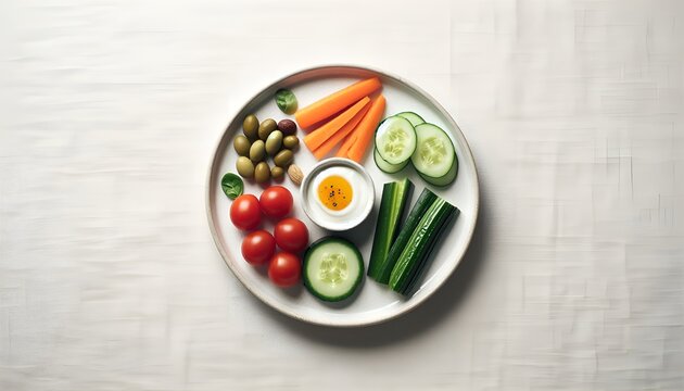 A top-down image of a small vegetarian meal with plain ingredients on a white plate, minimal background.