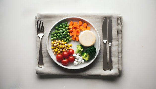 A top-down image of a small vegetarian meal with plain ingredients on a white plate, minimal background.